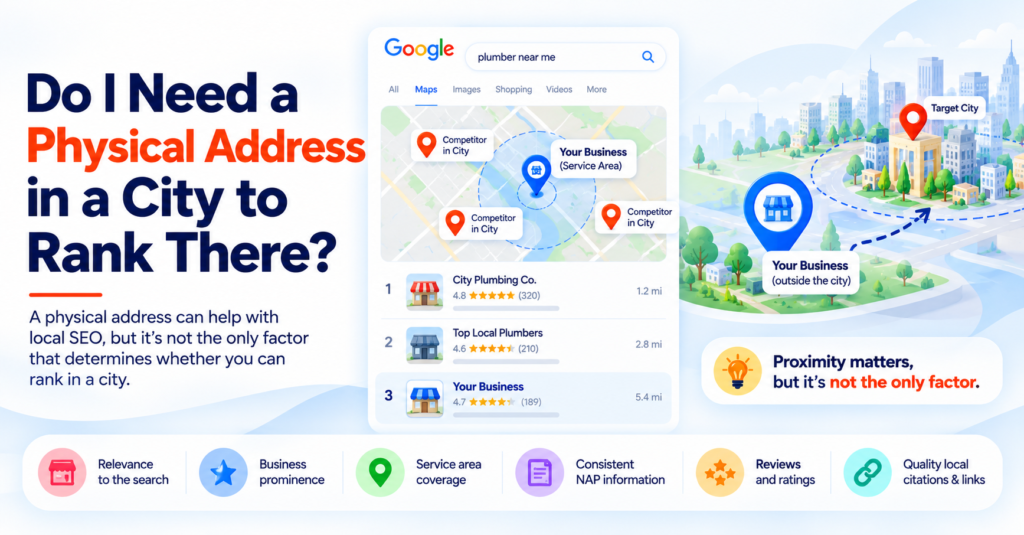 Diagram comparing Google Local Map Pack requirements versus organic search result requirements for service-area businesses without a physical office