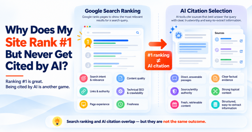 Diagram comparing Google Search Ranking factors versus AI Citation Selection factors, showing why a page can rank first but still go uncited by AI