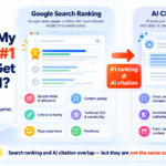 Diagram comparing Google Search Ranking factors versus AI Citation Selection factors, showing why a page can rank first but still go uncited by AI